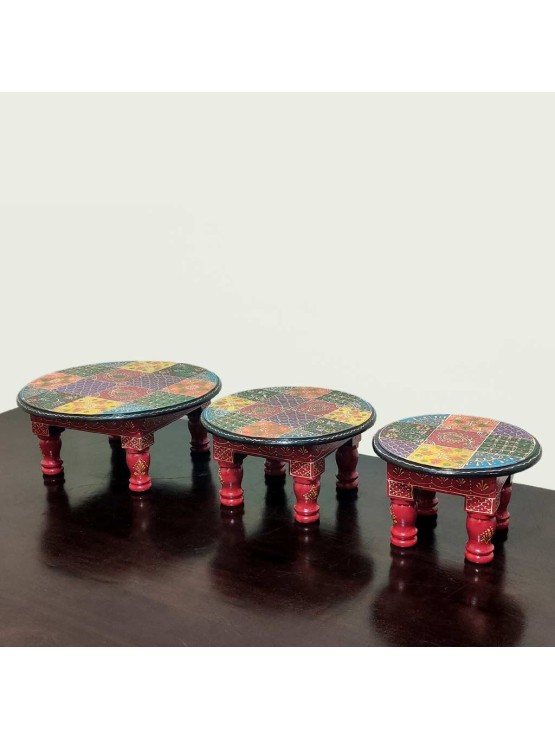 Wooden Colored Round Shape Bajot Chowki Set of 3 Home Decorative Sitting Stool