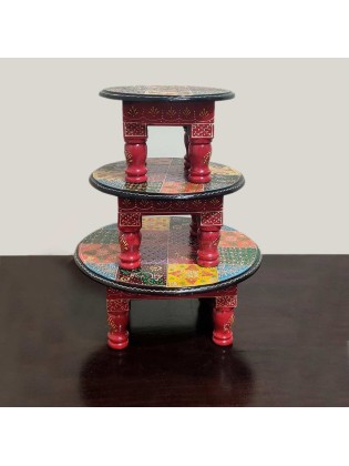 Wooden Colored Round Shape Bajot Chowki Set of 3 Home Decorative Sitting Stool