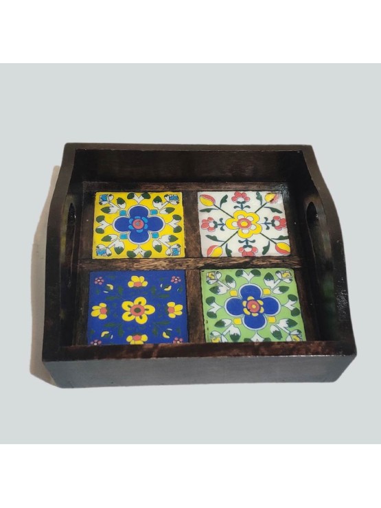 Wooden Serving Tray with Ceramic Tiles/ Vintage Coffee Tabel Tray / Decorative Trays