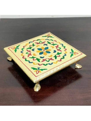 Multicolor Wooden Pooja chowki Decorative Wooden Bajot Flower Design with Metal Stand Choki for Pooja at Home 