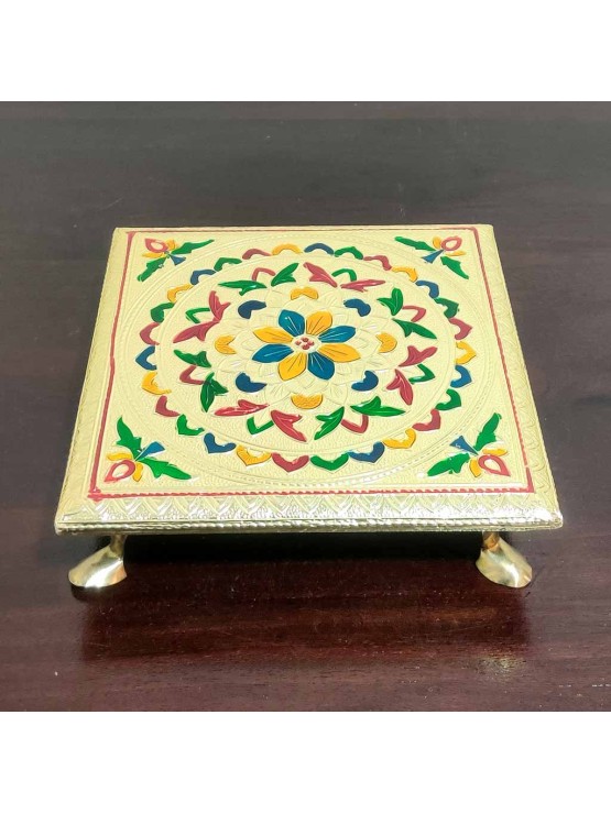 Multicolor Wooden Pooja chowki Decorative Wooden Bajot Flower Design with Metal Stand Choki for Pooja at Home 