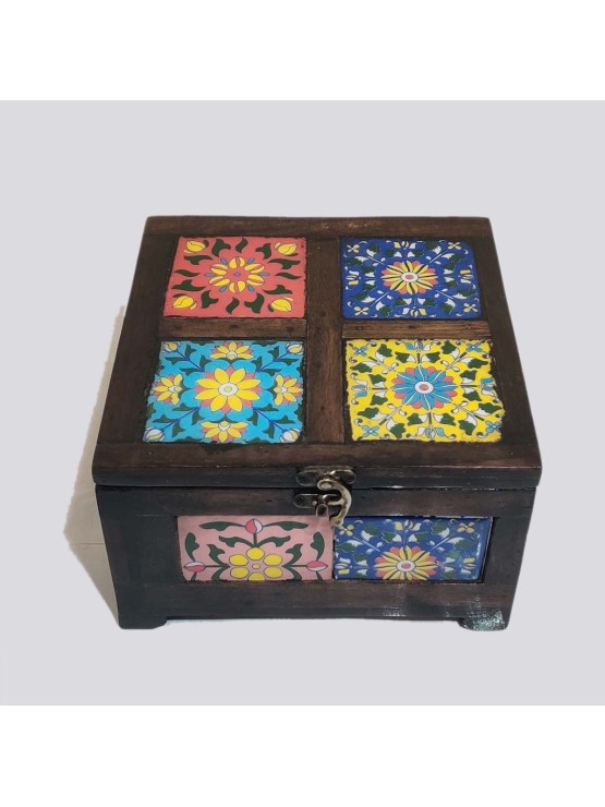Wooden Storage Box with Tiles Print on Top