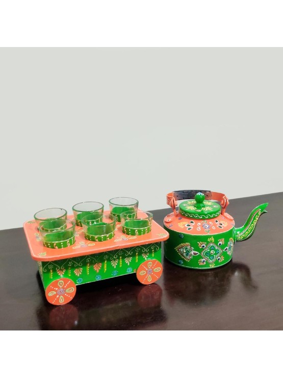 LAMANSH® Rajasthani Style Tea Kettles with 6 Glass Sets and Wooden Cart | Idol for Decor & Return Gifting 