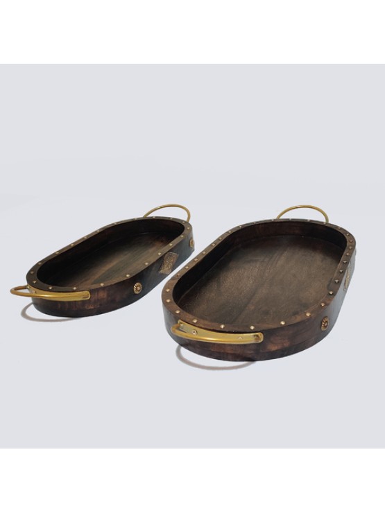 Wooden Brass Joy Serving Tray SET OF 2 With Handles Gold