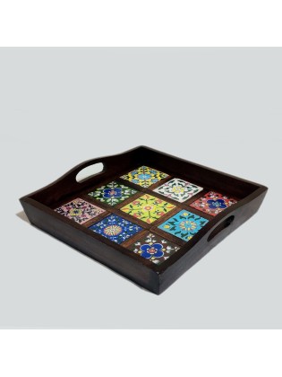 Wooden Tray With Colotful Ceremic Tiles