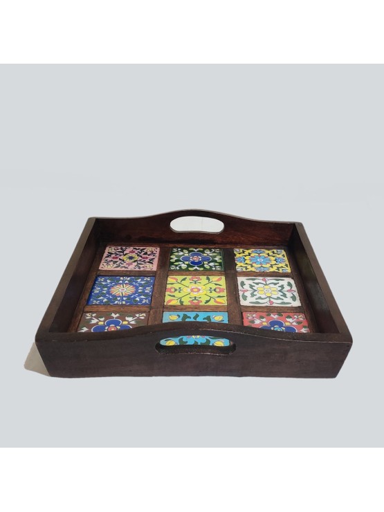 Wooden Tray With Colotful Ceremic Tiles